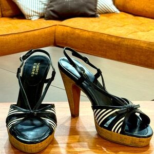 Black & White Striped Open Toe Sling Back Buckle and Corkscrew Heel